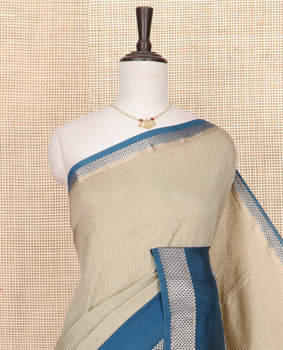 Grey zari checked Assam silk saree, contrast traditional zari border, and pallu of zari stripes