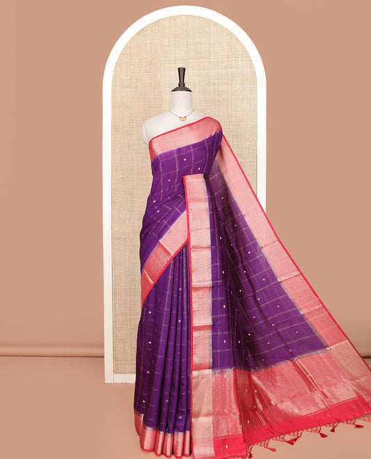 Purple Assam Silk Saree Detailed with Butta Enclosed Checks, Complemented by Contrast Traditional Zari Border, Gleaming Pallu of Zari Designs, and Paired with a Contrast Blouse