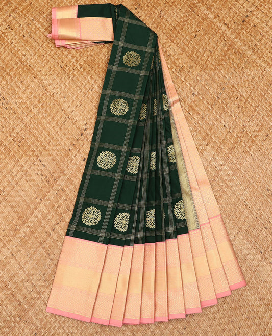 Green zari buttas and checked budget silk saree, contrast traditional zari design border, and jaal pallu