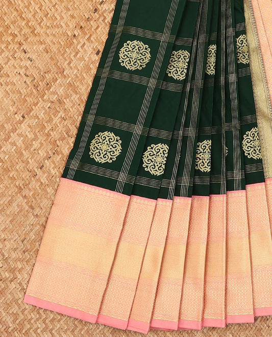 Green zari buttas and checked budget silk saree, contrast traditional zari design border, and jaal pallu