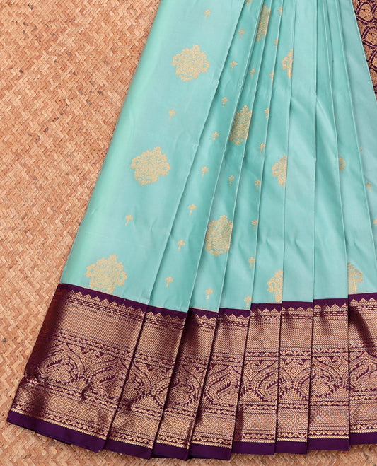 Blue Budget Silk Saree, Sparsely Woven with Zari Buttas, Complemented by a Contrast Traditional Zari Border, Grand Pallu, and Contrast Blouse