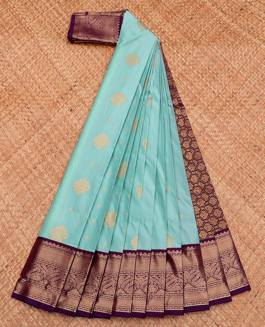 Blue Budget Silk Saree, Sparsely Woven with Zari Buttas, Complemented by a Contrast Traditional Zari Border, Grand Pallu, and Contrast Blouse