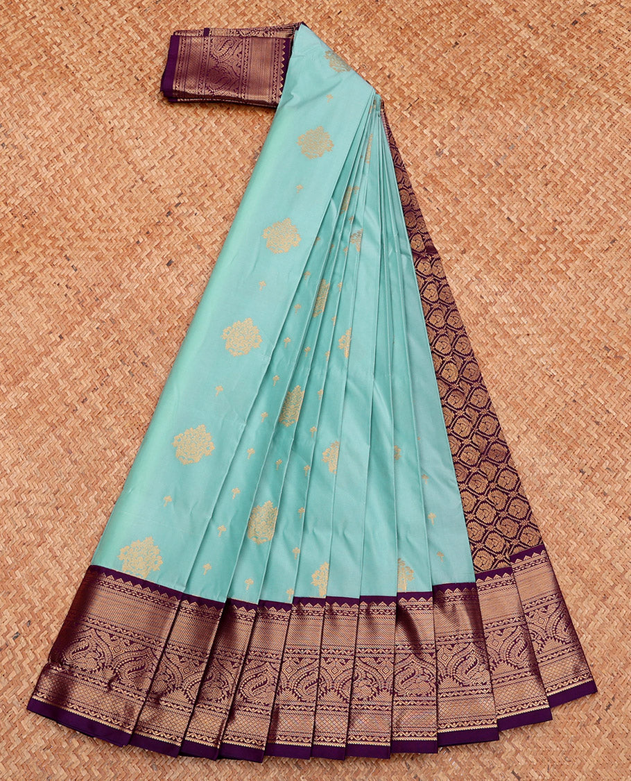 Blue Budget Silk Saree, Sparsely Woven with Zari Buttas, Complemented by a Contrast Traditional Zari Border, Grand Pallu, and Contrast Blouse