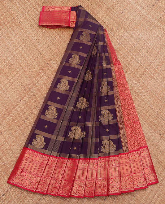 Purple Budget Silk Saree, Embellished with Zari Butta Enclosed Checks, Complemented by a Contrast Traditional Zari Design Border, Grand Pallu, and a Contrast Blouse