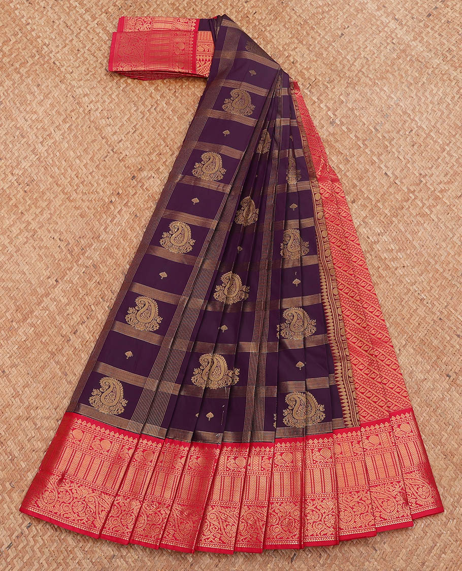 Purple Budget Silk Saree, Embellished with Zari Butta Enclosed Checks, Complemented by a Contrast Traditional Zari Design Border, Grand Pallu, and a Contrast Blouse