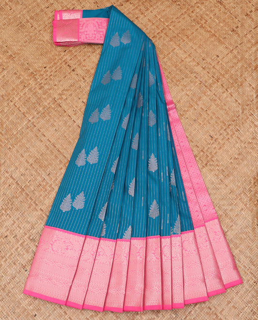 Blue striped and leaf motifs budget silk saree, contrast traditional zari design border, and jaal pallu