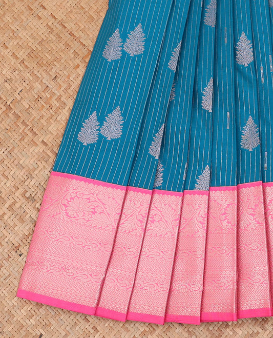 Blue striped and leaf motifs budget silk saree, contrast traditional zari design border, and jaal pallu