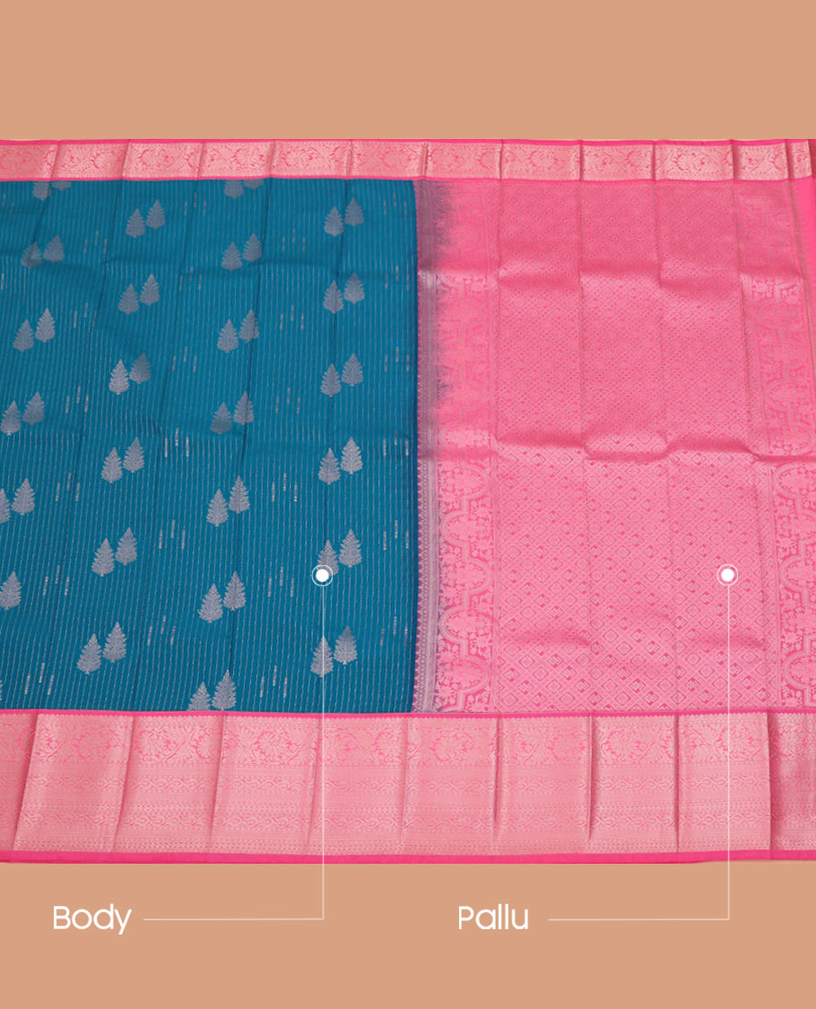 Blue striped and leaf motifs budget silk saree, contrast traditional zari design border, and jaal pallu
