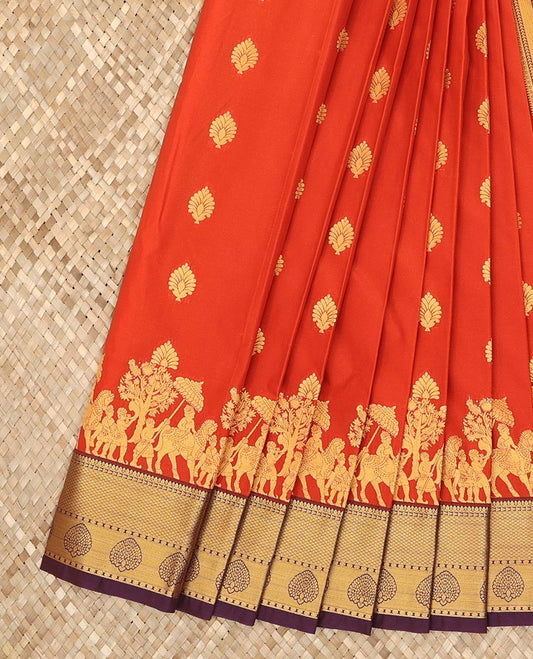 Rust orange zari buttas and wedding-theme motifs zari woven budget silk saree, contrast traditional zari design border, and intricate pallu