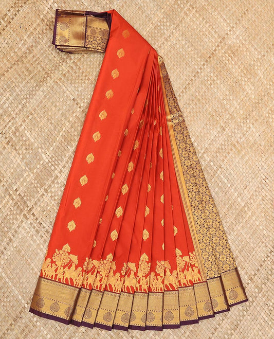Rust orange zari buttas and wedding-theme motifs zari woven budget silk saree, contrast traditional zari design border, and intricate pallu