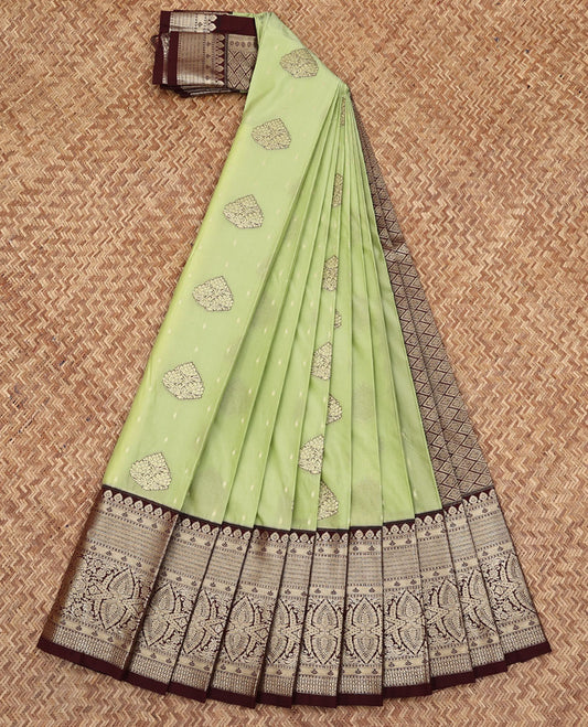 Pista Green Budget Silk Saree, Beautified with Buttas All Over Its Body, Complemented by a Contrast Traditional Zari Design Border, Majestically Detailed Pallu, and Paired with a Contrast Blouse