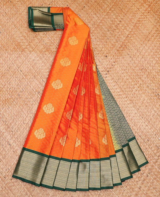 Orange Budget Silk Saree, Graced with Zari Buttas All Over Its Body, Complemented by a Contrast Traditional Zari Design Border, Grand Pallu, and Paired with a Contrast Blouse