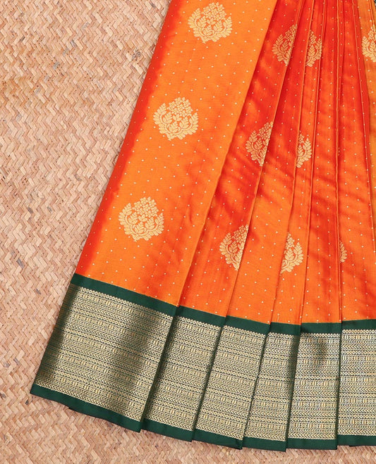 Orange Budget Silk Saree, Graced with Zari Buttas All Over Its Body, Complemented by a Contrast Traditional Zari Design Border, Grand Pallu, and Paired with a Contrast Blouse