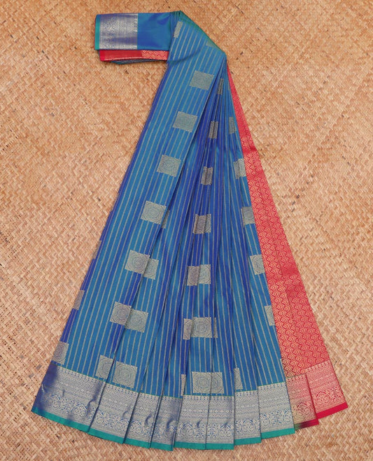 Blue Budget Silk Saree, Meticulously Crafted with Zari Buttas and Stripes All Over Its Body, Highlighted by Traditional Zari Border, Contrast Grand Pallu and Paired with a Contrast Blouse
