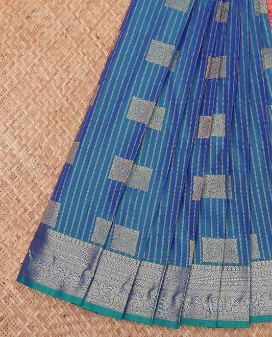 Blue Budget Silk Saree, Meticulously Crafted with Zari Buttas and Stripes All Over Its Body, Highlighted by Traditional Zari Border, Contrast Grand Pallu and Paired with a Contrast Blouse