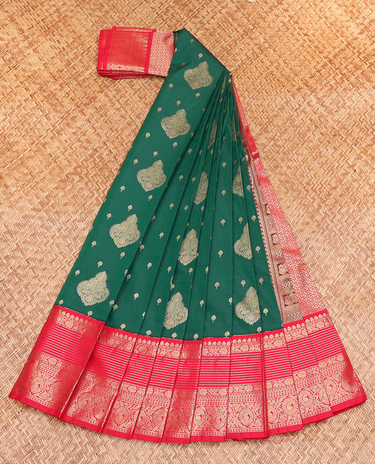 Green Budget Silk Saree, Bedecked with Zari Buttas, Complemented by a Contrast Traditional Zari Border, Pallu of Jaal Design, and a Contrast Blouse