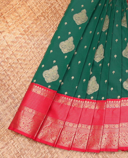 Green Budget Silk Saree, Bedecked with Zari Buttas, Complemented by a Contrast Traditional Zari Border, Pallu of Jaal Design, and a Contrast Blouse
