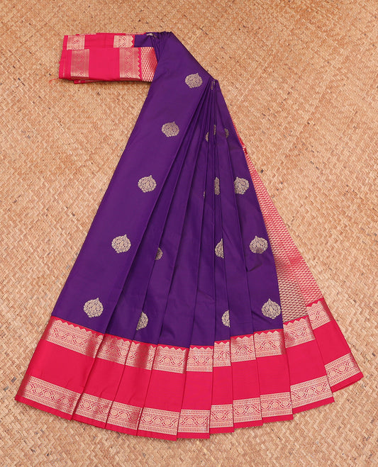 Violet Budget Silk Saree, Bedecked with Zari Buttas, Complemented by Contrast Traditional Zari Rettai Pettu Border, Jaal Pallu, and a Contrast Blouse
