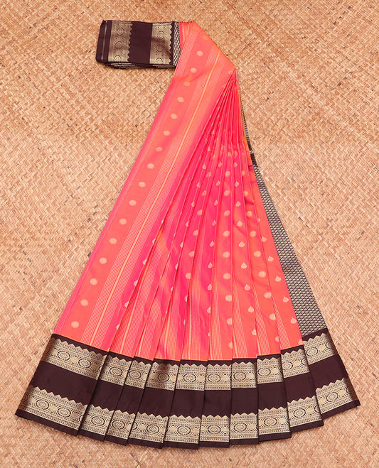 Pink-Orange Budget Silk Saree, Embellished with Zari Buttas, Complemented by a Contrast Traditional Zari Rettai Pettu Border, Jaal Pallu, and a Contrast Blouse