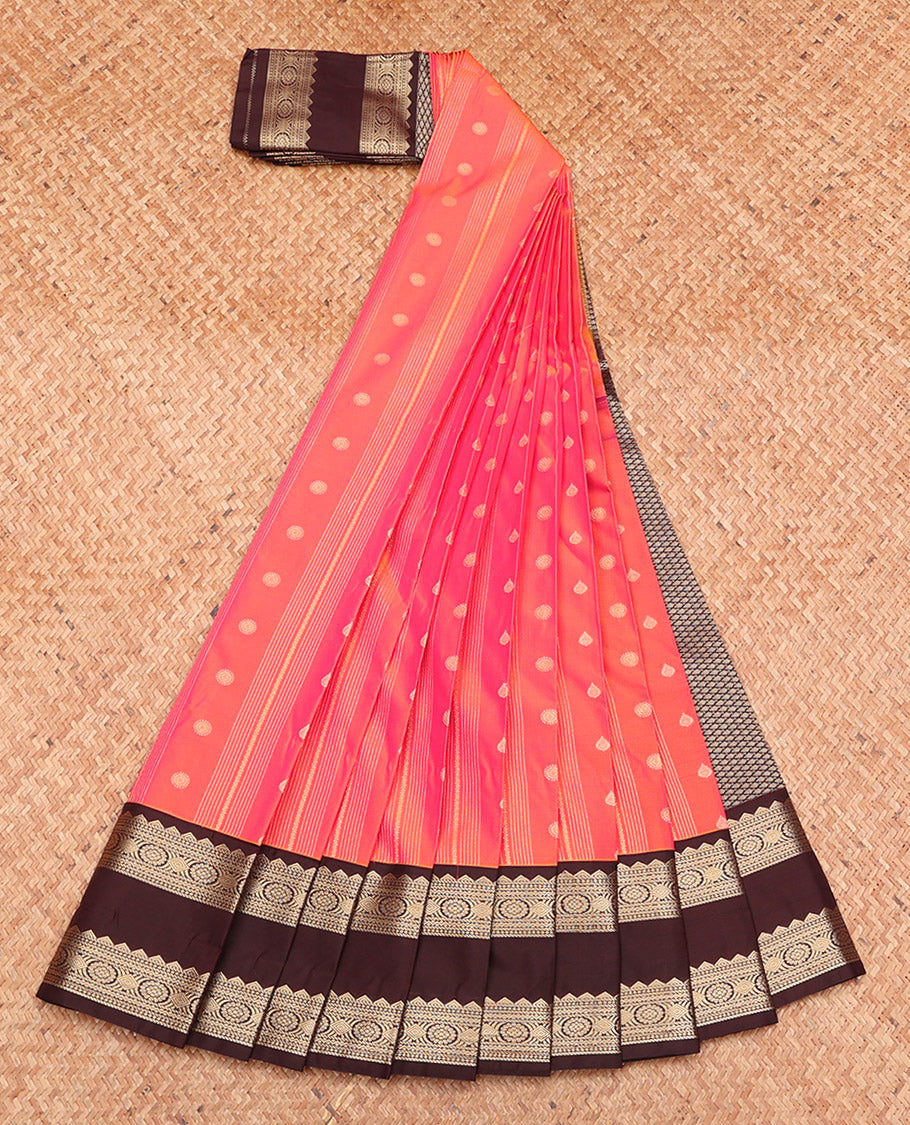 Pink-Orange Budget Silk Saree, Embellished with Zari Buttas, Complemented by a Contrast Traditional Zari Rettai Pettu Border, Jaal Pallu, and a Contrast Blouse