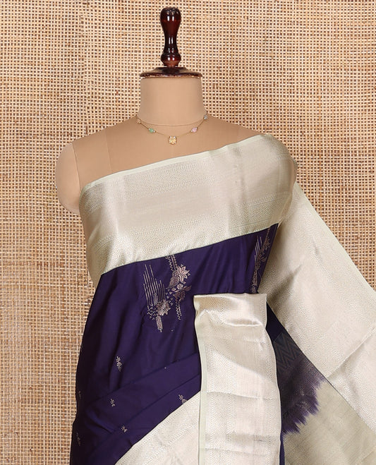 Blue Budget Silk Saree, Beautified with Zari Buttas All Over Its Body, Complemented by Contrast Border of Traditional Designs Woven in Zari, Richly Detailed Pallu, and Paired with a Contrast Blouse