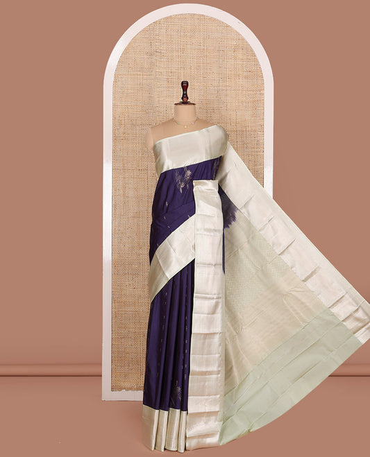 Blue Budget Silk Saree, Beautified with Zari Buttas All Over Its Body, Complemented by Contrast Border of Traditional Designs Woven in Zari, Richly Detailed Pallu, and Paired with a Contrast Blouse