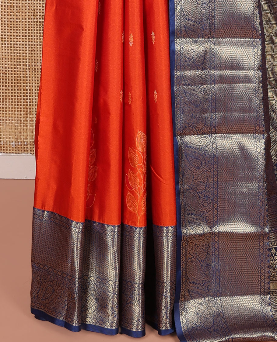 Orange Budget Silk Saree, Decked Up with Zari Buttas and Leaf Buttas on Its Body, Complemented by a Contrast Traditional Zari Designs Border, Pallu of Jaal Designs, and Paired with a Contrast Blouse