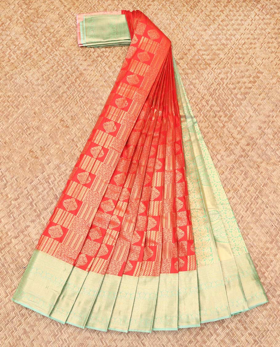 Red Budget Silk Saree,  Enthralled with Jacquard Design, Complemented by Contrast Traditional Zari Border, a Grand Pallu and a Contrast Blouse