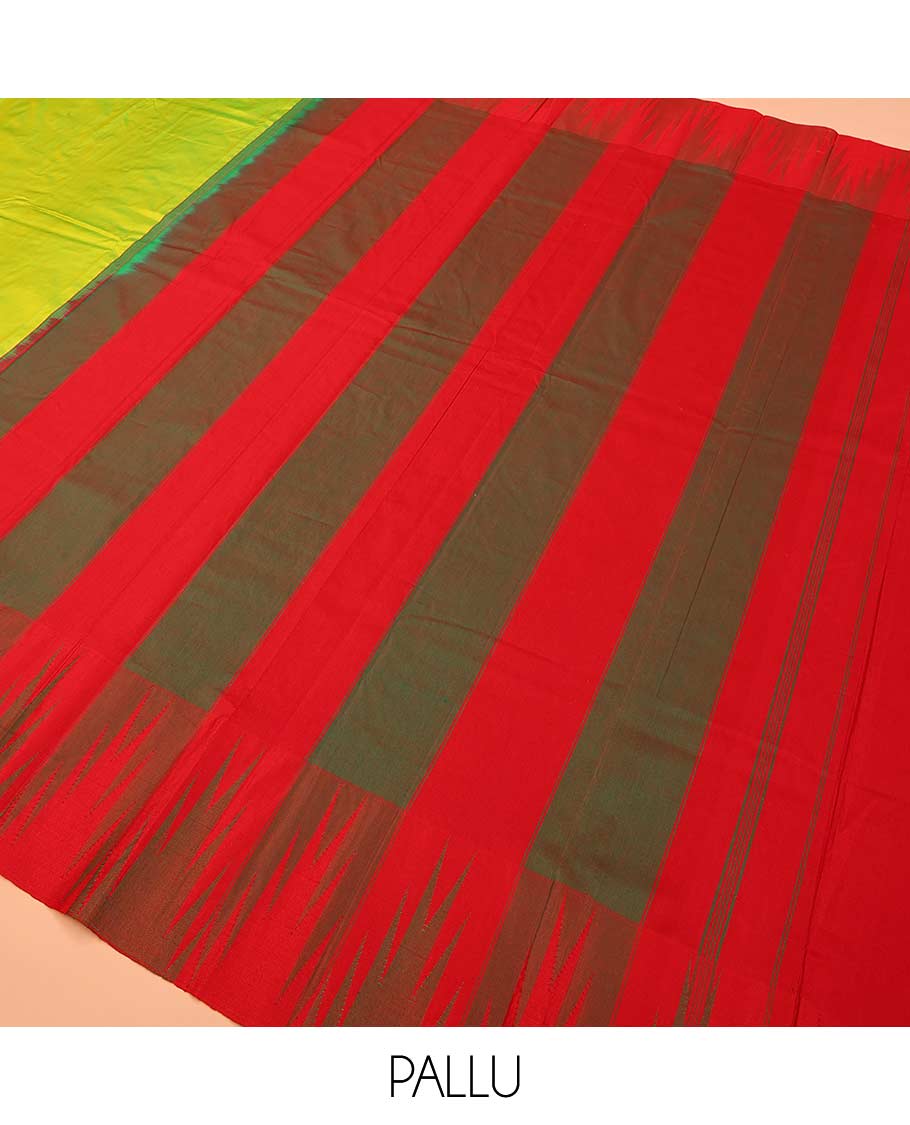 Green plain Bangalore silk saree, contrast temple border, and striped pallu