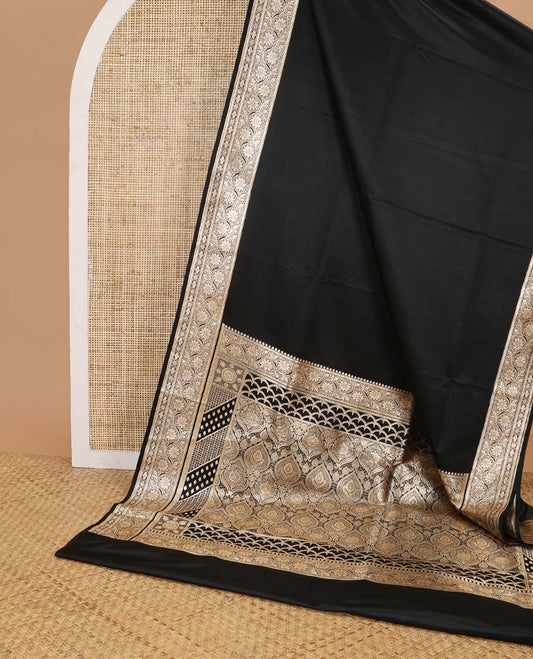 Black semi banaras nylon saree with self floral design border & floral ogee design pallu