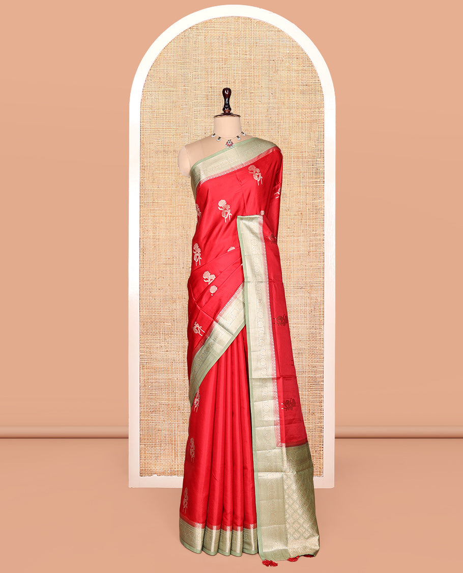 Red Satin Silk Saree, Spotlighted with Floral Buttas, Complemented by a Contrast Traditional Zari Border,  Grand Jaal Pallu, and a Contrast Blouse
