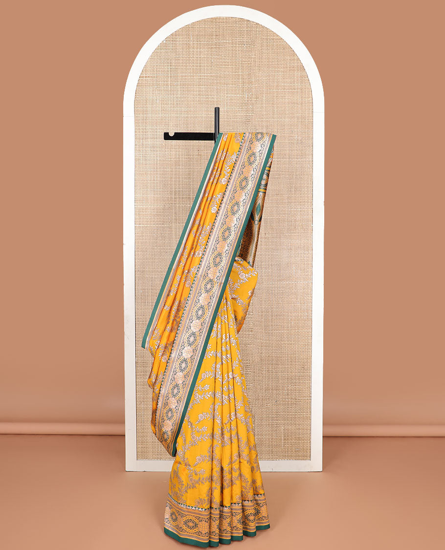 Orange floral jaal design butter silk saree with contrast intricate zari design border & floral design pallu