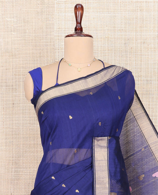 Blue Chanderi Cotton Saree, Adorned with Heart Buttas All Over Its Body, Highlighted by a Self-Border, Pallu Steeped with Heart Motifs, and Paired with a Matching Blouse