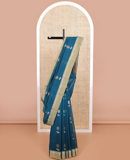 Blue floral motifs chanderi cotton saree with contrast zari design border & striped pallu