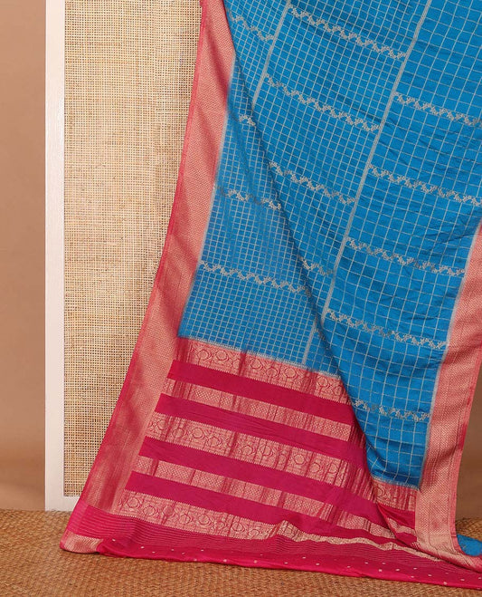 Blue zari jacquard fancy crepe saree, contrast traditional zari border & pallu is floral creeper design