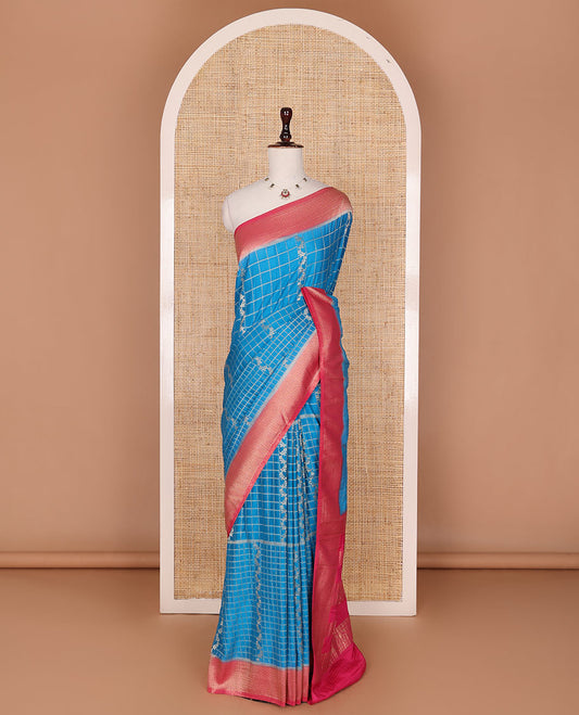 Blue zari jacquard fancy crepe saree, contrast traditional zari border & pallu is floral creeper design