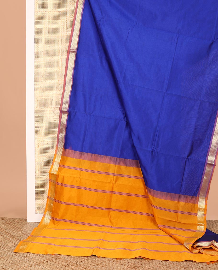 Blue Plain Poly Cotton Saree, Complemented by a Contrast Peacock-Eye Zari Border, Pallu of Stripes, and Paired with a Contrast Blouse