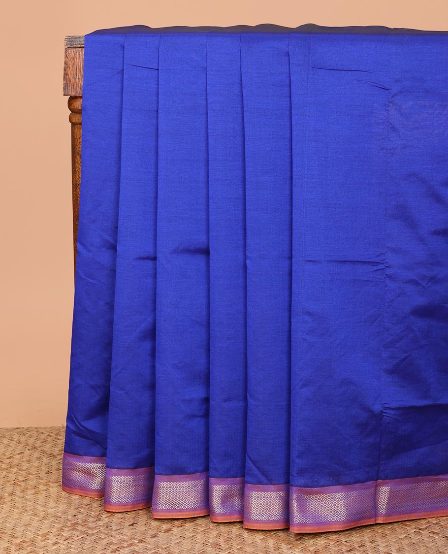 Blue Plain Poly Cotton Saree, Complemented by a Contrast Peacock-Eye Zari Border, Pallu of Stripes, and Paired with a Contrast Blouse