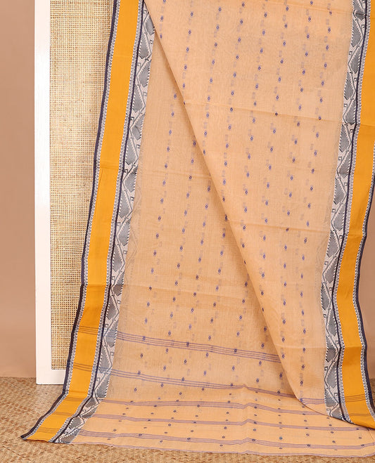 Orange buttas Bengal cotton saree, contrast border of leaf creeper design, and pallu of stripes, and buttas