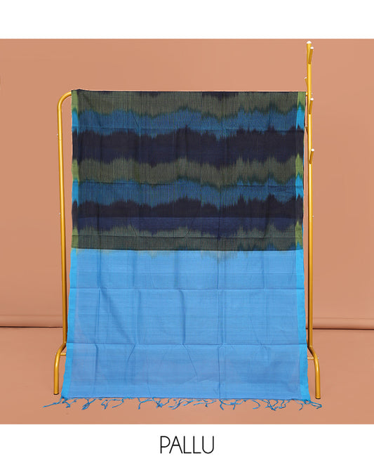 Borderless Blue-Shades Mangalgiri Cotton Saree, Uniquely Designed with Ikat Texture, Complemented  by Contrast Pallu, and Paired with a Contrast Blouse
