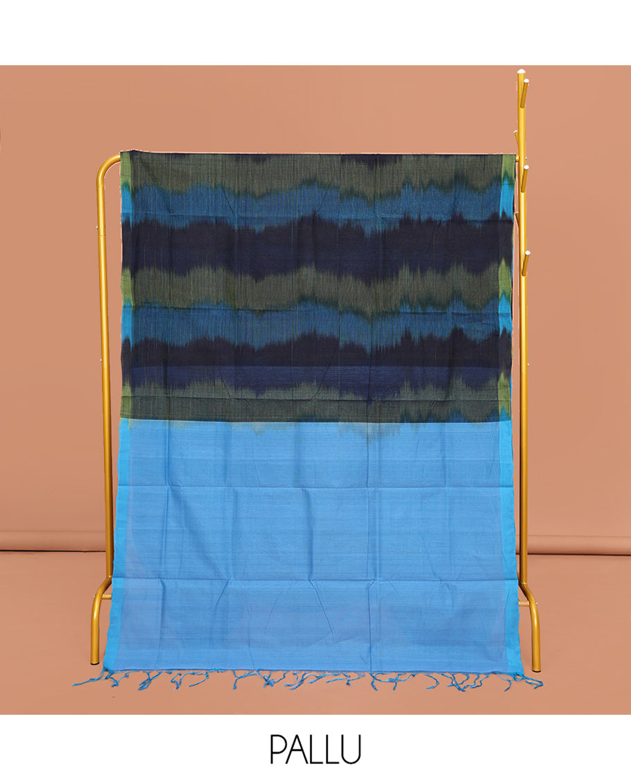 Borderless Blue-Shades Mangalgiri Cotton Saree, Uniquely Designed with Ikat Texture, Complemented  by Contrast Pallu, and Paired with a Contrast Blouse