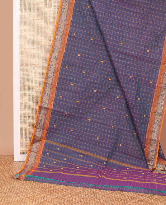 Purple checked and buttas Chettinad cotton saree, contrast traditional border, and checked pallu of buttas