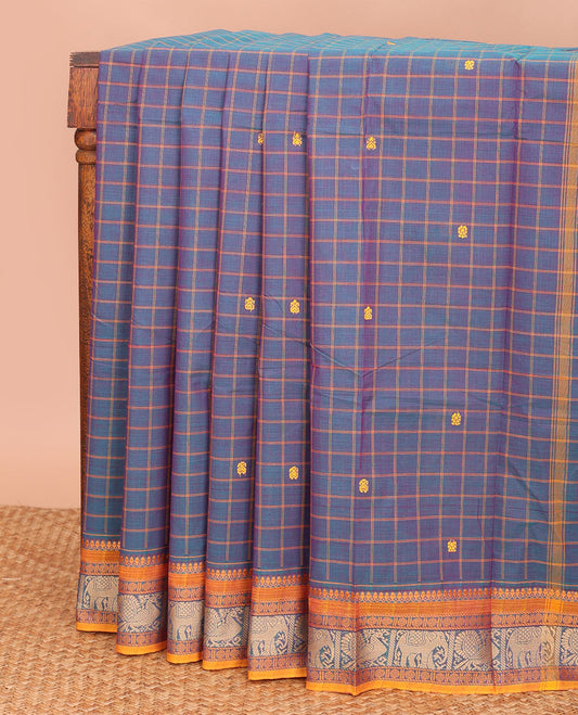 Purple checked and buttas Chettinad cotton saree, contrast traditional border, and checked pallu of buttas