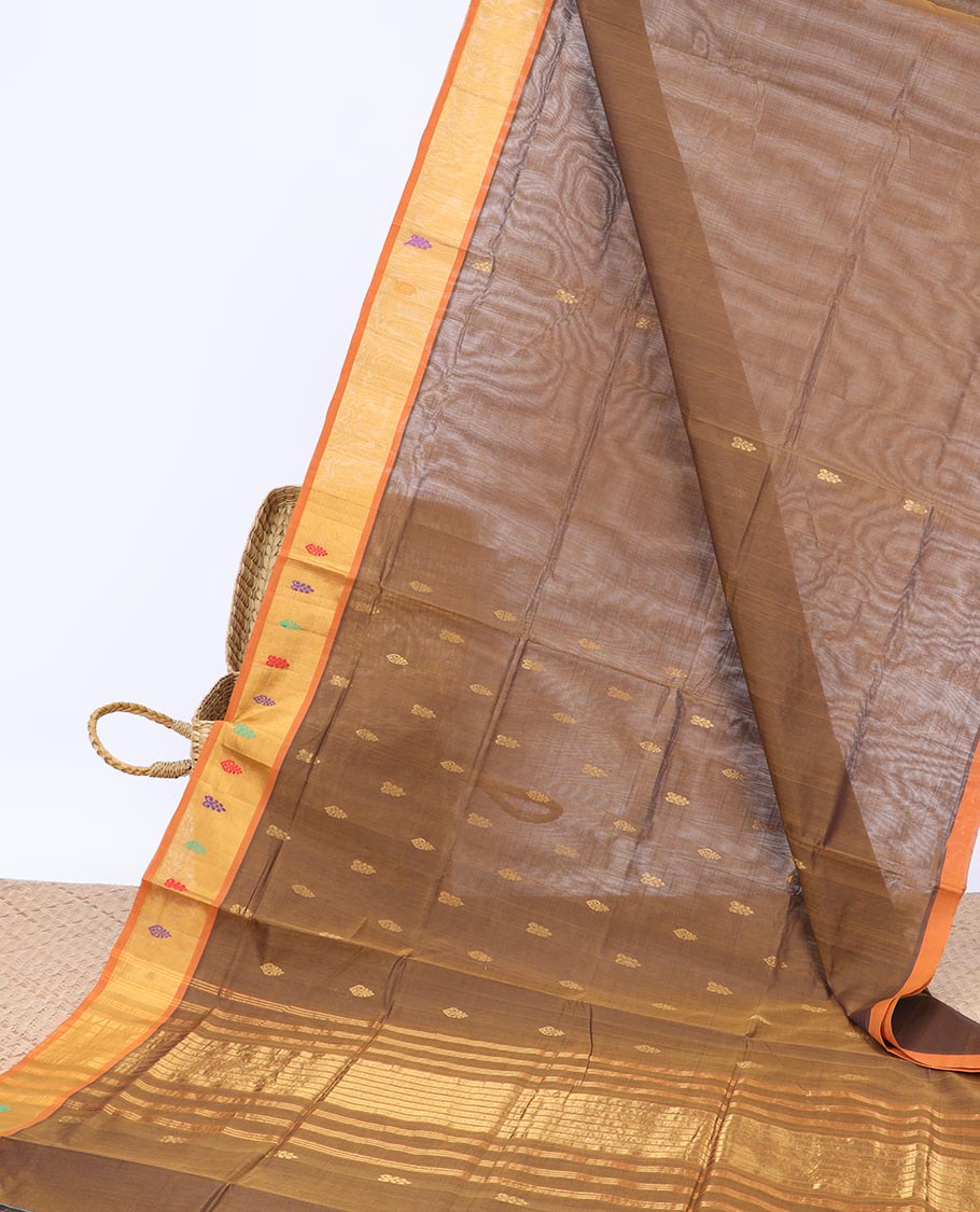 Brown buttas Vengatagiri cotton saree, contrast border & striped pallu