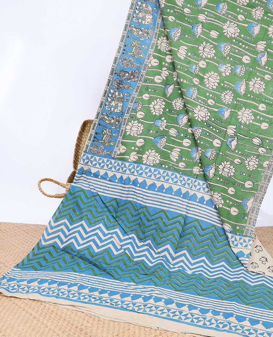 Green floral machine-printed kalamkari cotton saree, contrast unique motifs border & chevron pallu