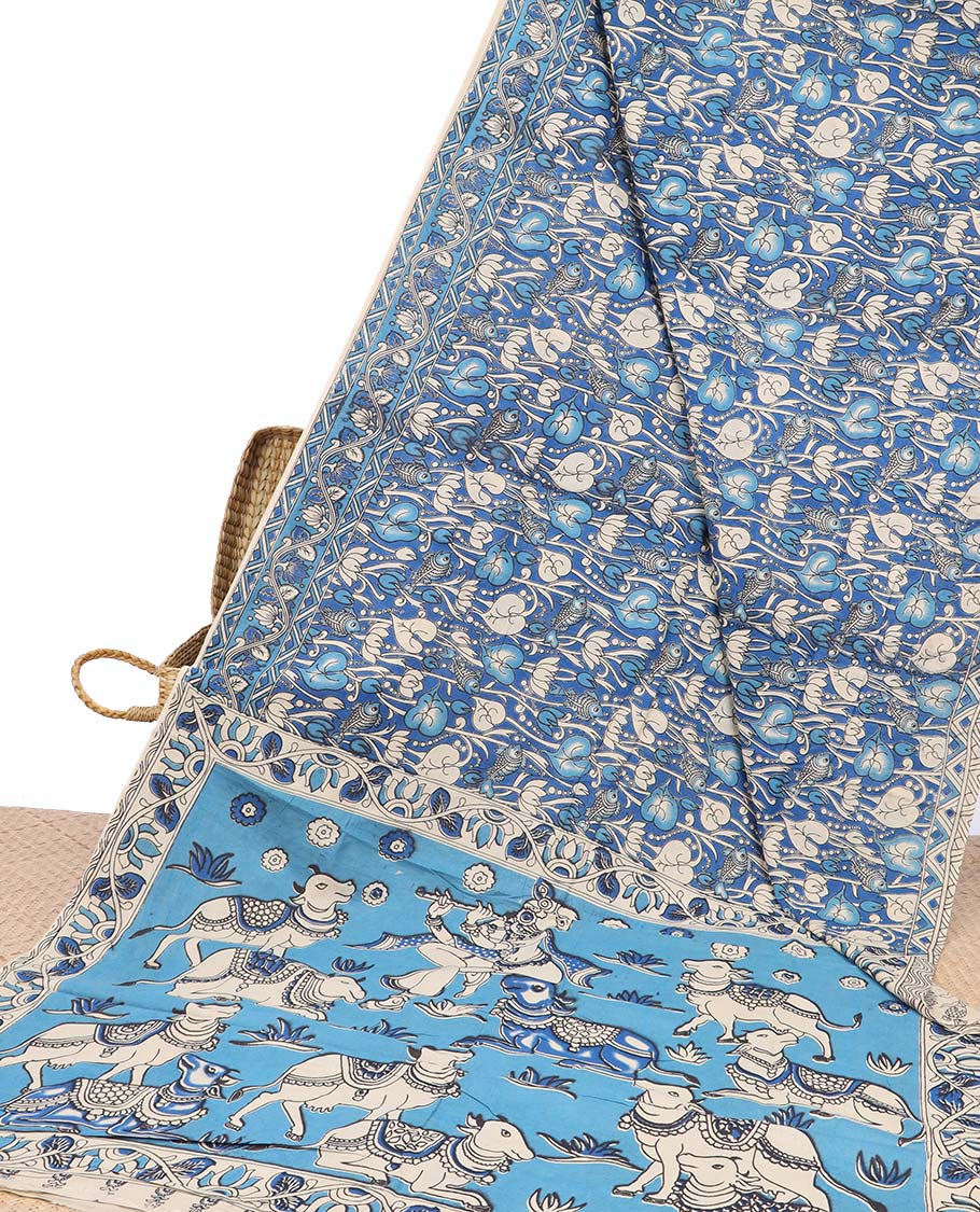 Blue unique floral machine-printed kalamkari cotton saree, contrast floral border & floral & diamond pallu