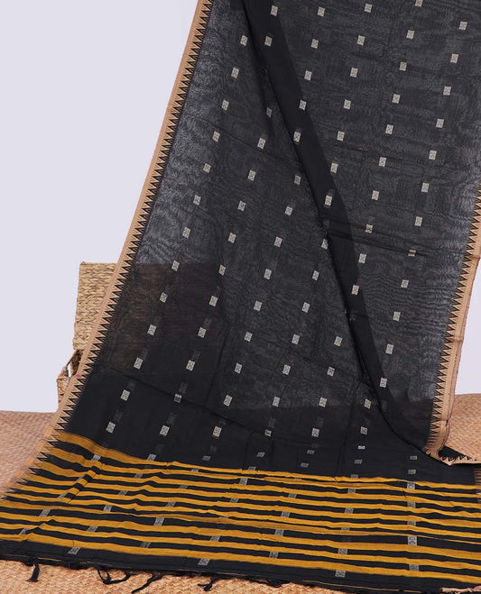 Black geometric motifs narayanapet cotton saree with contrast temple border & striped pallu
