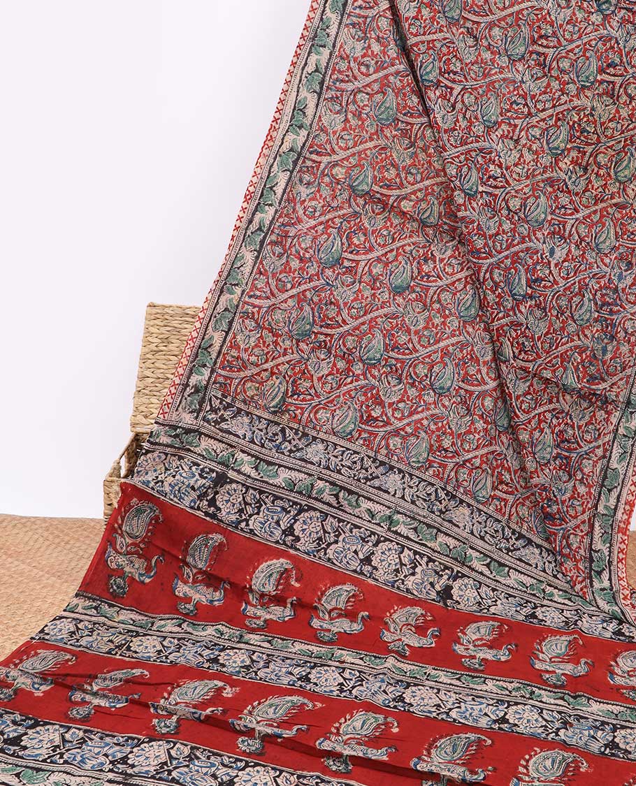 Multi-color floral design machine-printed kalamkari cotton saree with contrast floral border & unique design pallu