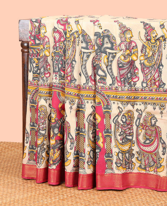 Cream human design machine-printed kalamkari cotton saree with contrast zari design border & animal motif pallu