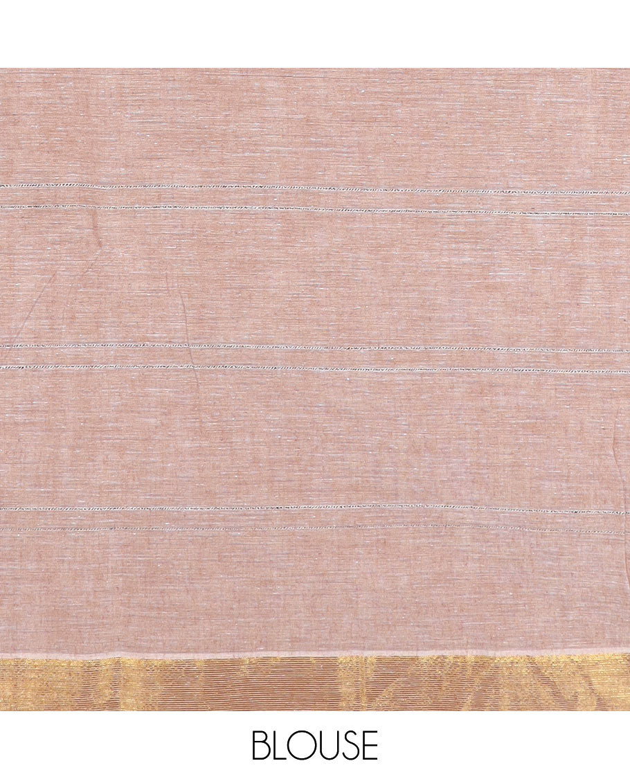 Brown checked jute cotton saree, zari border, and striped pallu